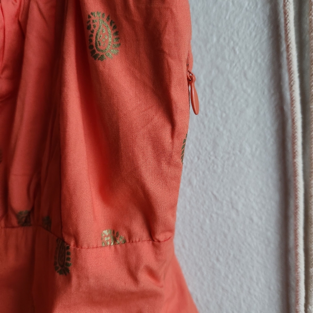 Maeve Coral Paisley Print Smocked Sundress Gold Metallic Boho Chic Sz 4 - Picture 3 of 8